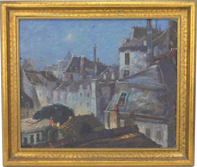 COLETTE POPE HELDNER - OIL PAINTING FRENCH SCENE: COLETTE POPE HELDNER - OIL PAINTING FRENCH SCENE Colette Pope Heldner (American/Louisiana, 1902-1990) "French rooftop Scene", oil on canvas, signed lower right "Colette Heldner". Framed. In 1923 Heldn