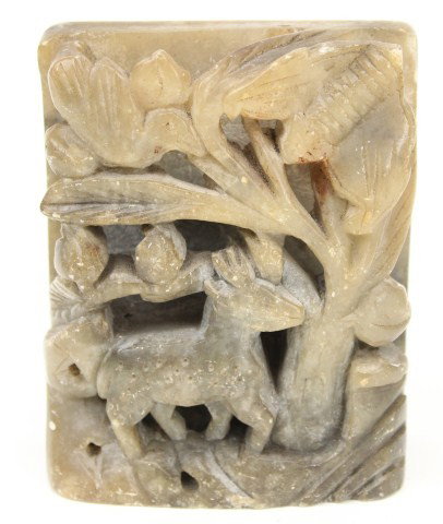CHINESE SOAPSTONE CARVED WOODLAND SCENE: CHINESE SOAPSTONE CARVED WOODLAND SCENE Chinese soapstone carved zoomorphic figural scene with deer, bat and bird. Size: 3.75 x 3" Condition: GC, minor chips Est. 50-150 Lot 18163