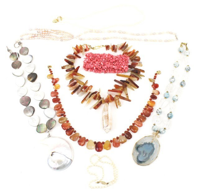 LOT OF MIXED SHELL & GEM STONE JEWELRY: LOT OF MIXED SHELL & GEM STONE JEWELRY 4 necklaces made of various colored and shaped shells and stones. 3 pearl necklaces. One of them has a 14K gold clasp and the other a sterling clasp. One pink sh
