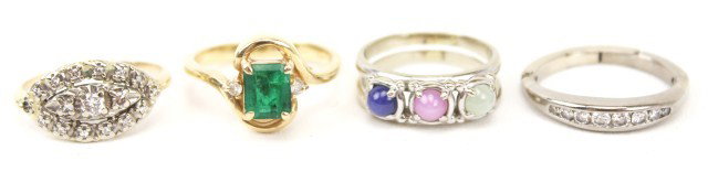 LOT 4 LADIES 14K GOLD RINGS: LOT 4 LADIES 14K GOLD RINGS Ladies ring with emerald accented by 2 small diamonds. Art deco diamond fashion ring featuring 17 round cut diamonds, largest is approximately 0.07 ct. White gold ring with