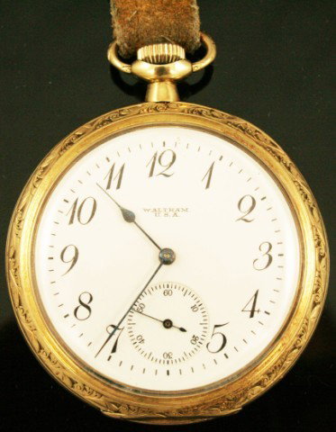 WALTHAM USA "RAILROAD" POCKET WATCH, CIRCA 1894: WALTHAM USA "RAILROAD" POCKET WATCH, CIRCA 1894 WALTHAM USA "RAILROAD" Pocket watch, circa 1894, Case: REF. 458135, #12 size, 46mm, 14K yellow gold, 3/4 plate, double case. Hand tooled engraved revers