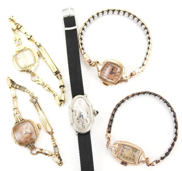 LOT OF 5 LADIES ANTIQUE GF WRIST WATCHES: LOT OF 5 LADIES ANTIQUE GF WRIST WATCHES Lot of 5 gold filled pocket watches from; Monard, Elgin, two from Bulova, and Benrus. Condition: VGC Est. 50-150 Lot 18567