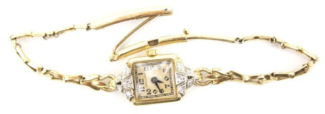 LADIES 14K YELLOW GOLD HAMILTON WATCH: LADIES 14K YELLOW GOLD HAMILTON WATCH Hamilton automatic movement in 14K yellow gold case with diamonds and yellow gold plated band. Weight: 8.5g Condition: VGC Est. 80-150 Lot 18592