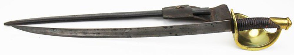 SWORD - 1862 PATTERN US NAVY CIVIL WAR CUTLASS: SWORD - 1862 PATTERN US NAVY CIVIL WAR CUTLASS US Civil War Naval cutlass. Wide brass sheet guard. Leather grip. Flat top, single fuller. Scabbard is leather secured with brass rivets and is held by t
