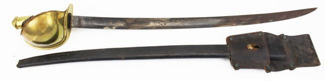 SWORD - 1862 PATTERN US NAVY CIVIL WAR CUTLASS: SWORD - 1862 PATTERN US NAVY CIVIL WAR CUTLASS US Civil War Naval cutlass. Wide brass sheet guard. Leather grip. Flat top, single fuller. Scabbard is leather secured with brass rivets and is held by t