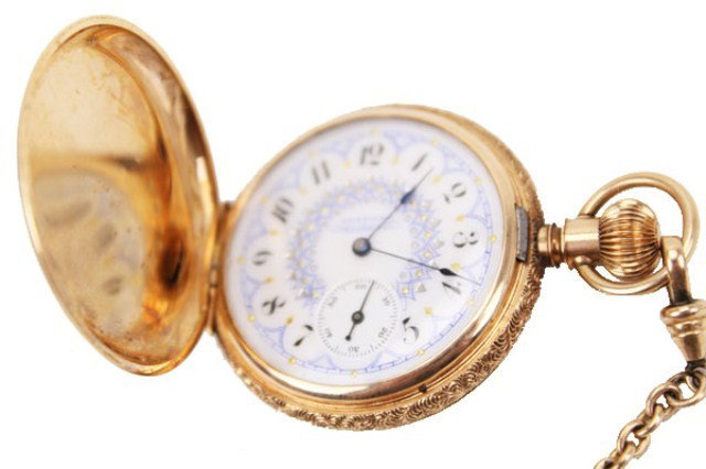 WALTHAM 14K GOLD POCKET WATCH OF EXCEPTIONAL QUALITY: WALTHAM 14K GOLD POCKET WATCH OF EXCEPTIONAL QUALITY A ladies watch of exceptional quality and craftmanship. Enameled dial with blues and gold edge the Arabic numerals. Full hunter case, classically e