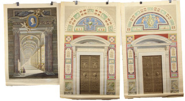THREE 18TH C. ITALIAN ARCHITECTURAL ENGRAVINGS: THREE 18TH C. ITALIAN ARCHITECTURAL ENGRAVINGS 18th Century Italian architectural engravings, after the drawings of Gaetano Savorelli and Pietro Camporese. Hand-colored. Inscribed lower left, "Cai. Sa