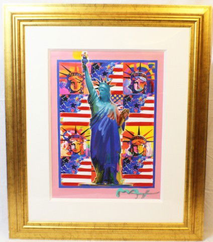 PETER MAX - GOD BLESS AMERICA W/ FIVE SIGNED MIXED: PETER MAX - GOD BLESS AMERICA W/ FIVE SIGNED Peter Max (American, b.1937). Max is an iconic artist who is well known for his unique style of mixed media art. He has Appeared on the cover of Life Magaz