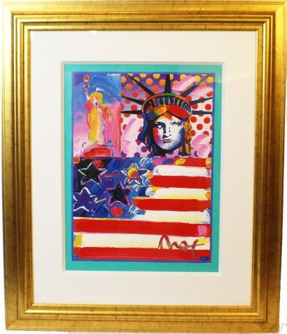 PETER MAX - GOD BLESS AMERICA 2 SIGNED MIXED MEDIA: PETER MAX - GOD BLESS AMERICA 2 SIGNED Peter Max (American, b.1937). Max is an iconic artist who is well known for his unique style of mixed media art. He has Appeared on the cover of Life Magazine, a