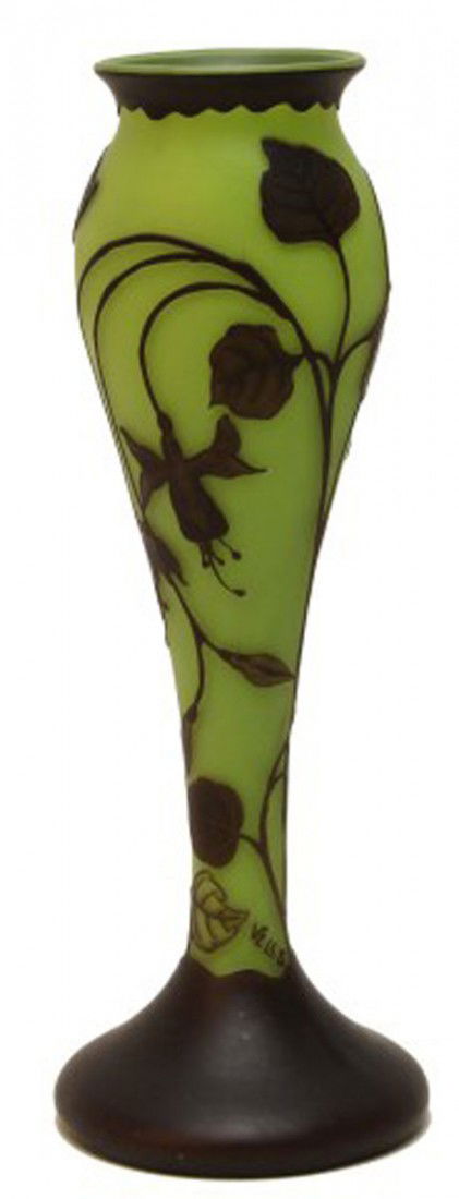 LOETZ OVERLAID CAMEO VASE: LOETZ OVERLAID CAMEO VASE This etched vase is colored in an opaque pear green. Etched in a deep purple, adding exquisite contrast, are the buds of fuchsia flowers and their leaves. This vase is catego