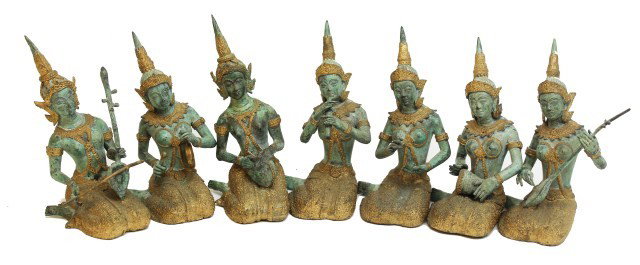 7 BRONZE PLATED METAL FIGURINES: 7 BRONZE PLATED METAL FIGURINES 7 bronze metal Taiwanese figurines in various poses, probably tourist pieces. Figurines measure 9" x 5" total weight, 21 lbs. Size: 9 x 5" Condition: GC Est.100-200