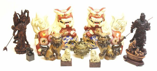 LOT OF MODERN ASIAN HOUSEHOLD DECORATIVE ITEMS: LOT OF MODERN ASIAN HOUSEHOLD DECORATIVE ITEMS Including: A large and brightly decorated pair of foo dogs, 10" tall. Pair of stoneware foo dogs, 6" tall. Pair of soapstone foo dogs, 3.5" tall. A compo