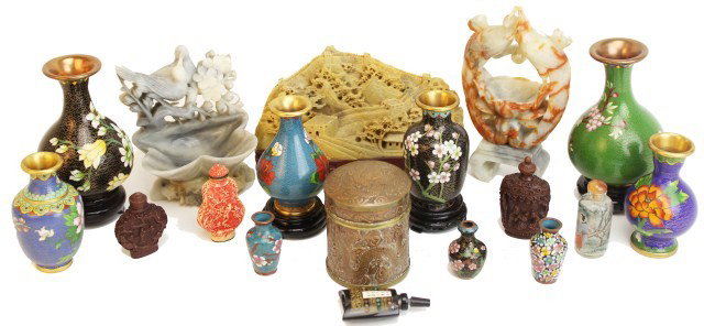 LOT OF MODERN ASIAN HOUSEHOLD DECORATIVE ITEMS: LOT OF MODERN ASIAN HOUSEHOLD DECORATIVE ITEMS Including: three soapstone carved figural scenes. A selection of cloisonne vases (9). Snuff bottles (5), including composite and a reverse glass painted 