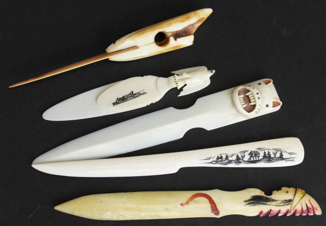 5 ALASKAN SCRIMSHAW LETTER OPENERS: 5 ALASKAN SCRIMSHAW LETTER OPENERS All five letter openers feature different scenes, styles, and sizes. They are all scrimshaw, meaning they are made of marine mammal ivory, bone, or teeth. Size: 4 -