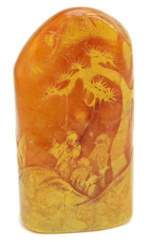 TIANHUANG BOULDER SEAL: TIANHUANG BOULDER SEAL Three old men convene under a Huangshan pine tree. The reverse side depicts an elderly man fishing the shores from his boat. Beautifully carved details are present on all sides.