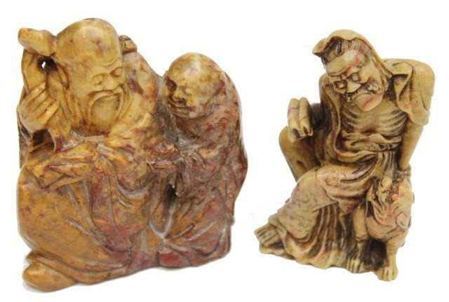CHINESE SOAPSTONE CARVING OF LOHAN & ANOTHER: CHINESE SOAPSTONE CARVING OF LOHAN & ANOTHER A very well executed carving of the Chinese deity Lohan. Unsigned. Together with another carved figural soapstone piece of Lohan with a child. Size: Approx