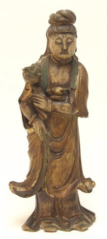 CHINESE CARVED STONE GILDED GUANYIN DEITY FIGURE: CHINESE CARVED STONE GILDED GUANYIN DEITY FIGURE Chinese carved stone figure wearing a gilded cloak. Unsigned. Size: 10.5" tall Condition: Good, some age wear and discoloration Est.200-400