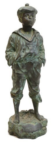 SZCZEBLEWSKI - BRONZE STATUE OF A BOY WHISTLING: SZCZEBLEWSKI - BRONZE STATUE OF A BOY WHISTLING Vaclaw Bernard Szczeblewski (Polish, b 1888): A bronze figure of "Mousse Siffleur", The Whistler, standing on a intrigal base, signed V Szczeblewski. So