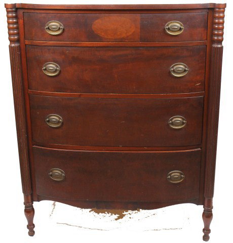 KINDEL WOODEN DRESSER: KINDEL WOODEN DRESSER A finely made 4 drawer Kindel dresser. The dressers are individually designed featuring different layouts. Stained a deep brown, a nice decorative piece. The front legs are ornat