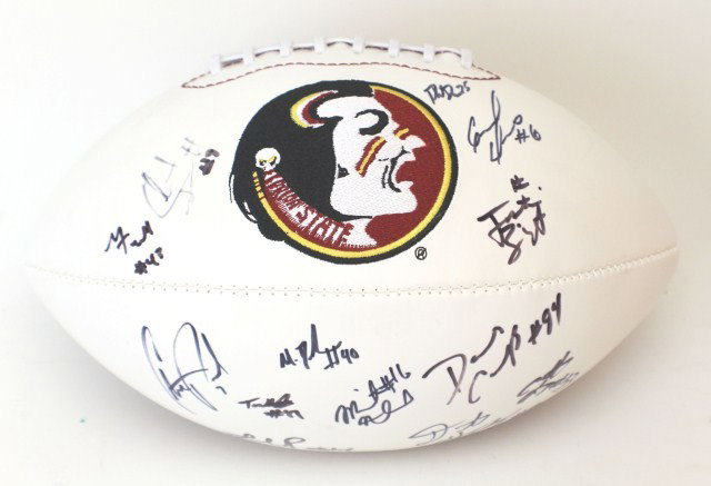 2010 SIGNED FLORIDA STATE FOOTBALL TEAM BALL: 2010 SIGNED FLORIDA STATE FOOTBALL TEAM BALL A full-size Rawlings football signed by players of the 2010 Florida State Seminoles Football team, included are the following players: Gerald Demps, Christ