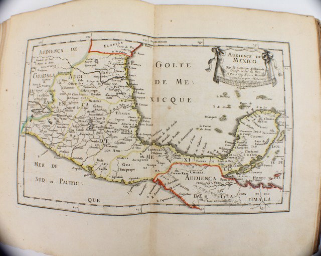 18TH CENTURY EDITION SANSON MAP OF MEXICO: 18TH CENTURY EDITION SANSON MAP OF MEXICO Nicolas Sanson (1600–1667). French cartographer. This hand tinted map engraving is taken from an 18th century atlas after the original 17th century map. Siz