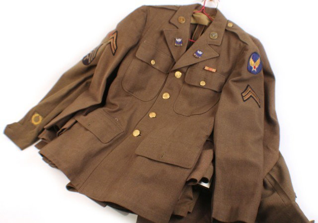 UNIFORM - SELECTION OF 10 WW2 ERA JACKETS: UNIFORM - SELECTION OF 10 WW2 ERA JACKETS Dress jacket lot of 10. All original and many with patches, including Replacement and School Command, Army Air Force, 1st Army, 3rd Army Various ranks includi