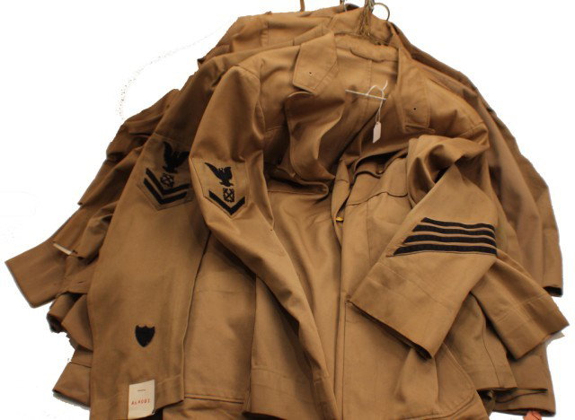 13 US NAVY OFFICER & ENLISTED MANS KHAKI JACKETS: 13 US NAVY OFFICER & ENLISTED MANS KHAKI JACKETS A mixed lot of Officers and Enlisted jackets and pants. EST. 100-300