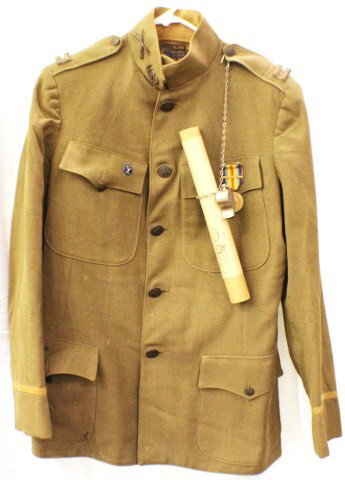 EARLY 20TH CENTURY US ARMY OFFICERS JACKETS: EARLY 20TH CENTURY US ARMY OFFICERS JACKETS WW1 era officers jacket, badged to the USR. US Army reserve. With Captains silver rank bars, Victory medal and bronze collar badges. Attached whistle and ce