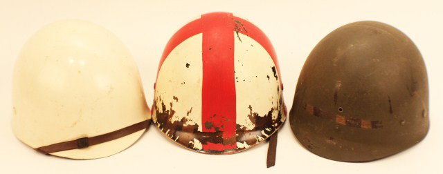 HEADGEAR - 3 WW2 US ARMY COMBAT HELMET LINERS: HEADGEAR - 3 WW2 US ARMY COMBAT HELMET LINERS 3 combat helmet liners, 1 painted medic version. Condition: Some wear, generally VG EST. 50-100