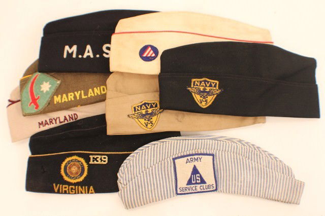 WW2 VETERANS & SERVICES GARRISON TYPE CAPS: WW2 VETERANS & SERVICES GARRISON TYPE CAPS Veterans side cap lot of 8. Includes USN 139, VFW 521, Service clubs, Navy V5, MAS. Condition: Light wear, generally good. EST. 75-150