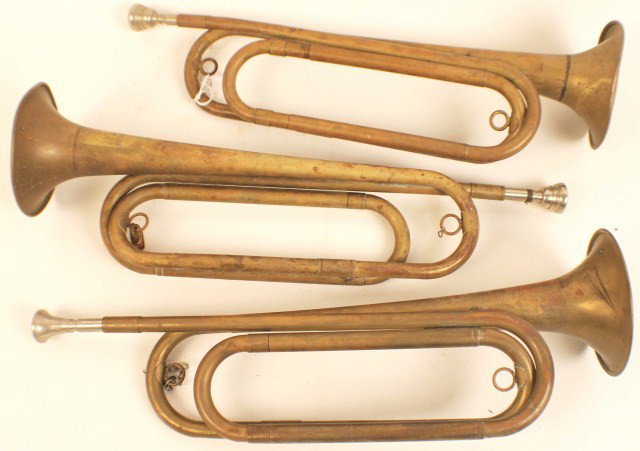 LOT OF 3 MILITARY PATTERN BUGLES: LOT OF 3 MILITARY PATTERN BUGLES All three are marked "US Regulation, Made in USA" Condition: Minor dents EST. 75-150