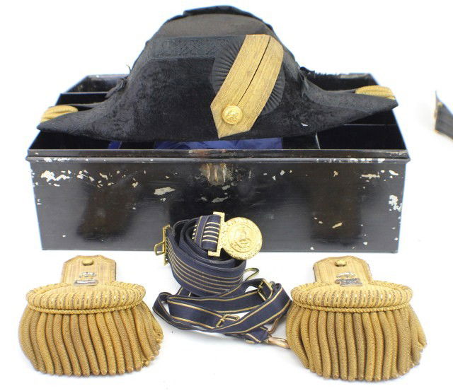 LATE 19TH CENTURY USN MEDICAL OFFICERS FULL DRESS: LATE 19TH CENTURY USN MEDICAL OFFICERS FULL DRESS Comprising beaver skin bicorn hat with gold bullion trim and button. Brush epaulettes with fine gold wire bells, silver bullion anchor surmounted by a