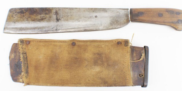 WWII USMC COLLINS BOLO KNIFE: WWII USMC COLLINS BOLO KNIFE Model 1944 United States Marine Corps bolo knife. "Collins & Co Hartford No 1001" production stamp near grip on one side and "USMC" on the other. 11.5" blade shows some ta