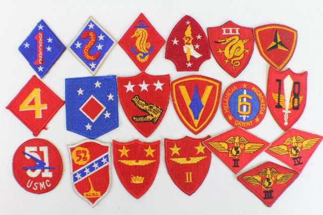 US MARINE CORPS DIVISIONAL PATCHES: US MARINE CORPS DIVISIONAL PATCHES A selection of 19 divisional patches relating to the USMC. No duplication. Size: Full size Condition: VG Est$ 100-200