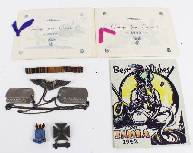 WW2 ARCHIVE STERLING WINGS DOG TAGS AWARD & MORE: WW2 archive lot belonging to Pvt Arthur Smith 19017194. Air Corps Aircrew. Including: A set of sterling silver wings, Pair of ID tags, A carbine shooters award in sterling. Southeast Division Pin, ena