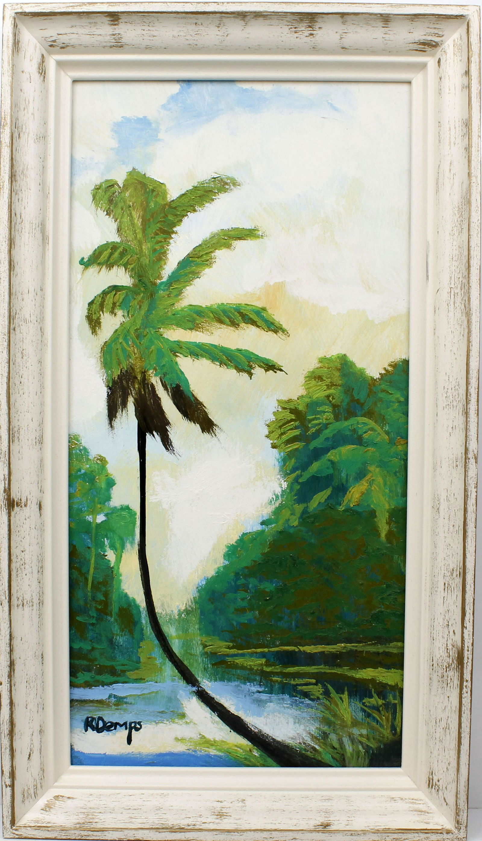 RODNEY DEMPS FLORIDA HIGHWAYMEN LEANING PALM: Demps, Rodney (1953- 2020) Florida Highwaymen Painting. Oil on Masonite - signed lower left. Lush greenery along the riverside with an impressive lone palm. Board measures 12x24 framed to overall size