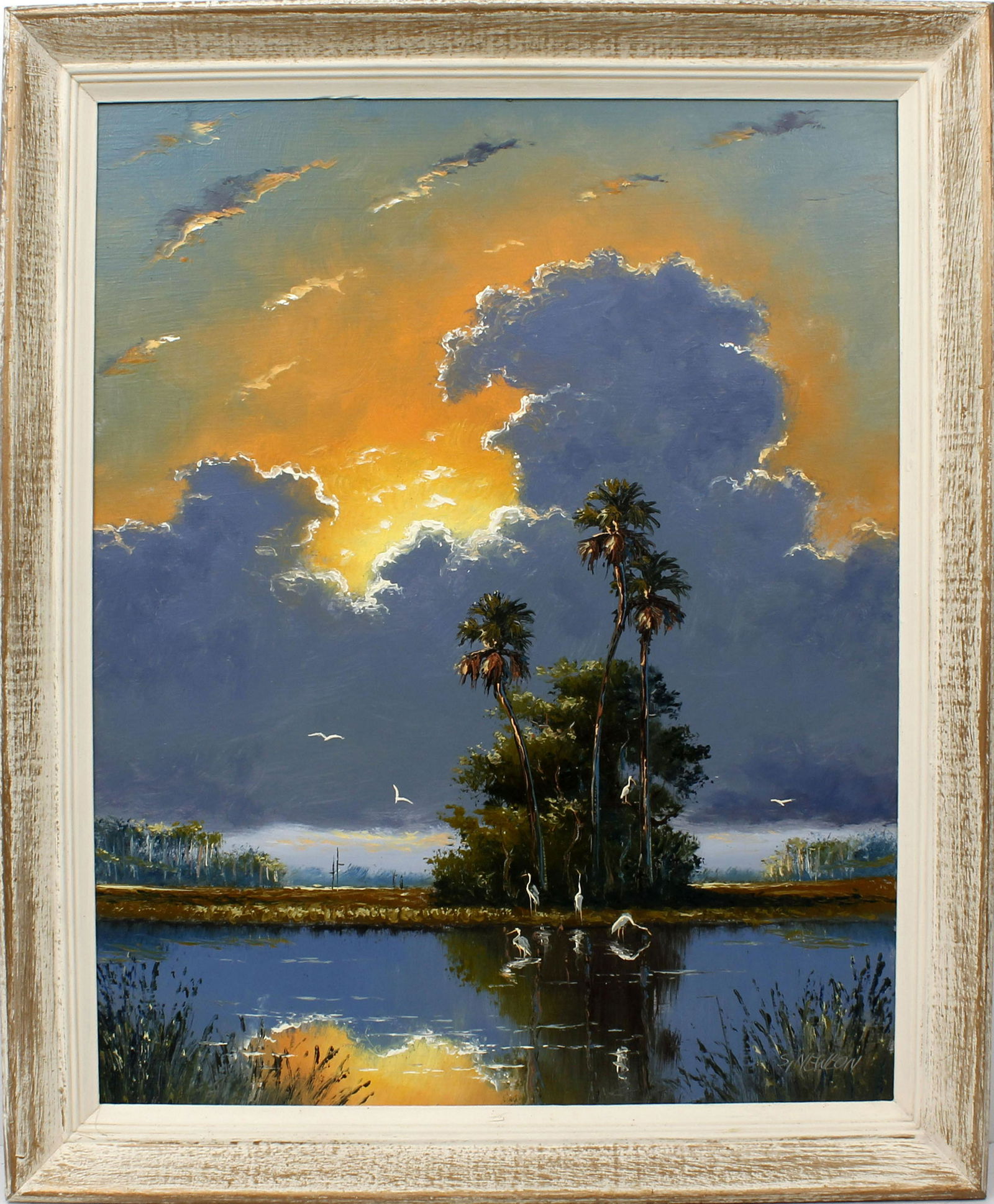 SAM NEWTON FLORIDA HIGHWAYMEN CLIMBING SUNSHINE: Newton, Samuel (B.1948) Florida Highwaymen Painting. Oil on Masonite - signed lower right. Warm sunshine climbs over a backlit thunderhead as it lights up the morning sky.Board measures 16x20 framed t