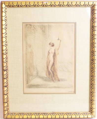 OTTO GOETZE - NUDE ETCHING: OTTO GOETZE - NUDE ETCHING Otto Goetze (German, 1868-1931). Etching of nude woman with candle by German artist Otto Goetze. Signature bottom right. Size: 17" x 21" framed