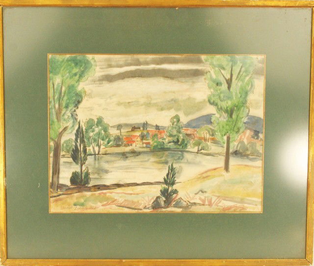 ERNEST FIENE - WATERCOLOR VILLAGE SCENE LANDSCAPE: ERNEST FIENE - WATERCOLOR VILLAGE SCENE LANDSCAPE Ernest Fiene (American 1894-1965). Village scene landscape watercolor. Signed bottom left and dated 1923. Mounted in a contemporary frame. Size: 16 x