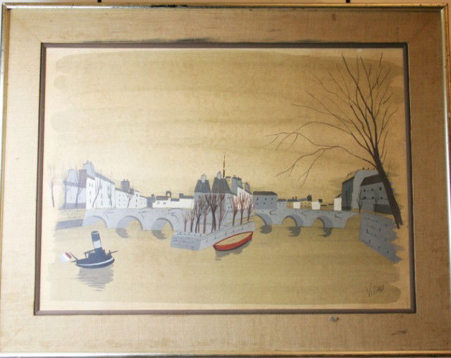 ANTOINE VILLARD - WATERCOLOR OF A RIVER SCENE: ANTOINE VILLARD - WATERCOLOR OF A RIVER SCENE Antoine Villard (french, 1867-1934). River scene. "A River Through the City", watercolor on board, signed "Villard" lower right. Framed. Size: board size