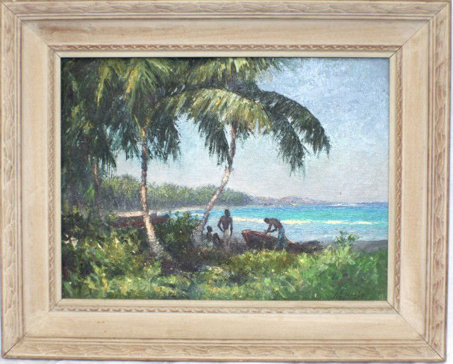 A.E. BACKUS JAMAICAN LANDSCAPE "FISHING BOAT": A.E. BACKUS JAMAICAN LANDSCAPE "FISHING BOAT" Albert Ernest "Bean" Backus, (American 1906-1991). Known as the "Dean of Florida Landscape Painters" and a member of the Florida Artist Hall of Fame. Back