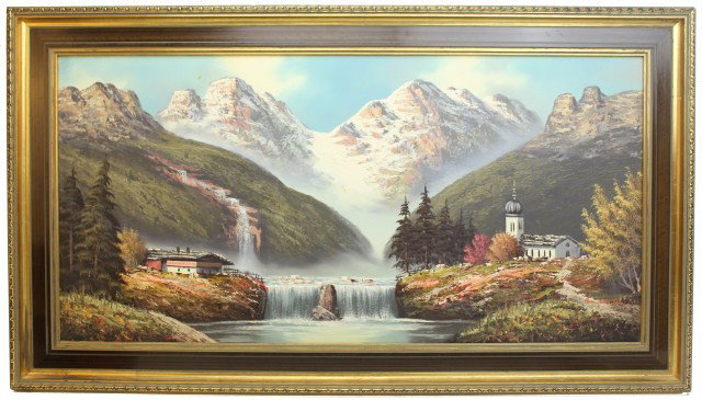 EDMUND KENTSCH - BAVARIAN MOUNTAIN SCENE PAINTING: EDMUND KENTSCH - BAVARIAN MOUNTAIN SCENE PAINTING Edmund Kentsch (German b1927). Oil on canvas landscape in typical Germanic style. Signed bottom right. Also included is a biography of the artist and 