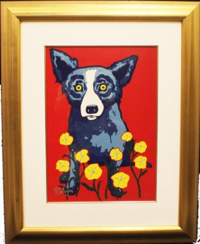 GEORGE RODRIGUE BLUE DOG PRINT: GEORGE RODRIGUE BLUE DOG PRINT George Rodrigue (American 1944- ) Blue Dog Print "See how my Garden Grows". Blue Dog "Tiffany" on red background with green stems and yellow flowers. Signed on bottom le