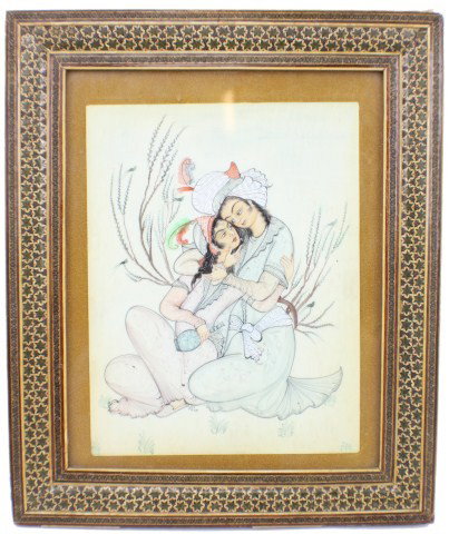 PAINTING ON IVORY INDIAN SCENE, TWO LOVERS: PAINTING ON IVORY INDIAN SCENE, TWO LOVERS Painting on ivory possibly Middle Eastern or Indian. The painting is signed in script and the mark "Ipov" Size: 15 x 12.5