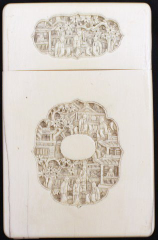 CHINESE CARVED IVORY CARD CASE: CHINESE CARVED IVORY CARD CASE Chinese Carved Ivory card case. Carved on both top and case with garden scene. Minor hairline cracks on both top and case. Size: 4.5 x 3"