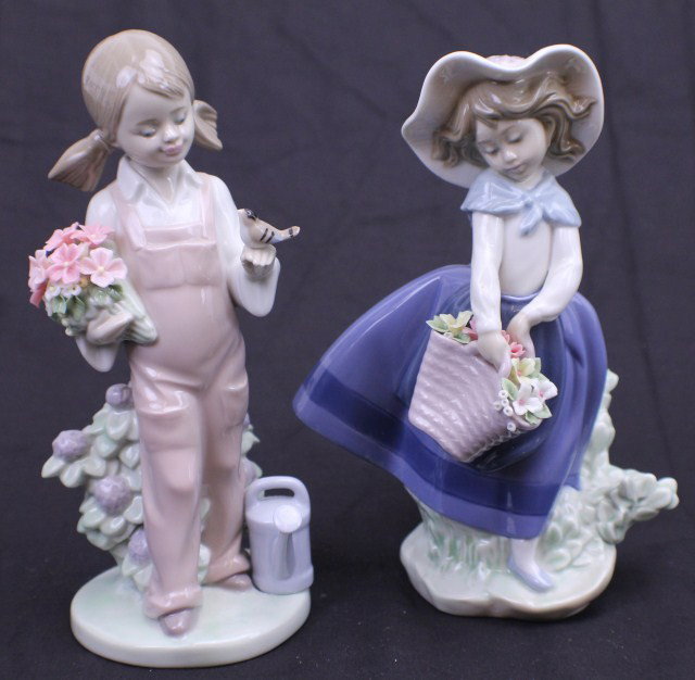 TWO LLADRO FIGURES - PRETTY PICKINGS & SPRING: TWO LLADRO FIGURES - PRETTY PICKINGS & SPRING 01015222 PRETTY PICKINGS. Issue Year: 1984. Retirement Year: 2005. Sculptor: José Puche. Small chip to one of the flowers. 01015217 SPRING. Issue Year: 1
