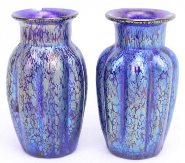 PAIR OF ARTGLASS BLUE LOETZ VASES: PAIR OF ARTGLASS BLUE LOETZ VASES Small, blue, iridescent Loetz vases. Size: 5"