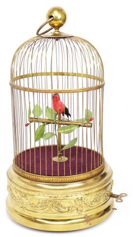LARGE ANTIQUE BIRDCAGE AUTOMATON: LARGE ANTIQUE BIRDCAGE AUTOMATON A large antique birdcage automaton, possibly French. Red and black bird moves its tail feathers and beak and rotates head back and forth. Bird also sings sometimes, no