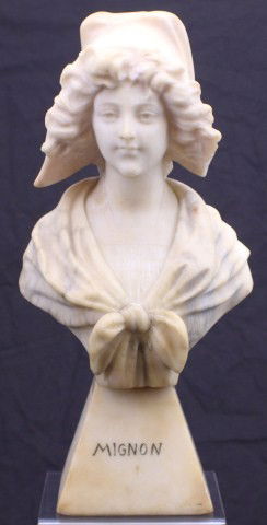 ITALIAN ALABASTER CARVED MIGNON - G BAUCHIN: ITALIAN ALABASTER CARVED MIGNON - G BAUCHIN Alabaster sculpture carved in Italy and signed by G Bauchin, titled Mignon. Size: 13.5g