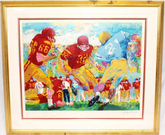 LEROY NEIMEN SIGNED PRINT OJ SIMPSON USC/UCLA 1967: LEROY NEIMEN SIGNED PRINT OJ SIMPSON USC/UCLA 1967 Leroy Neimen (American 1921- ) signed print OJ Simpson print of the 1967USC/UCLA game. Print is brilliantly colored semi-abstract of game. Print is s